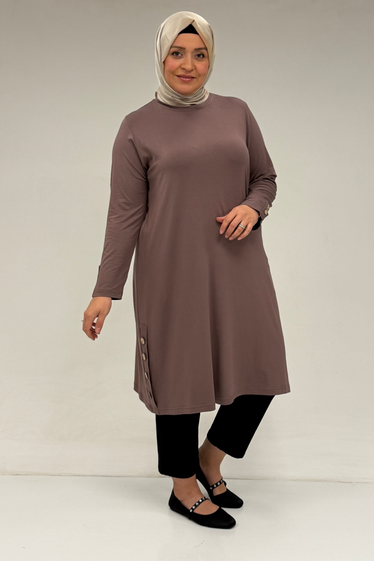 8180 Plus Size Button Detailed Tunic - Coffee