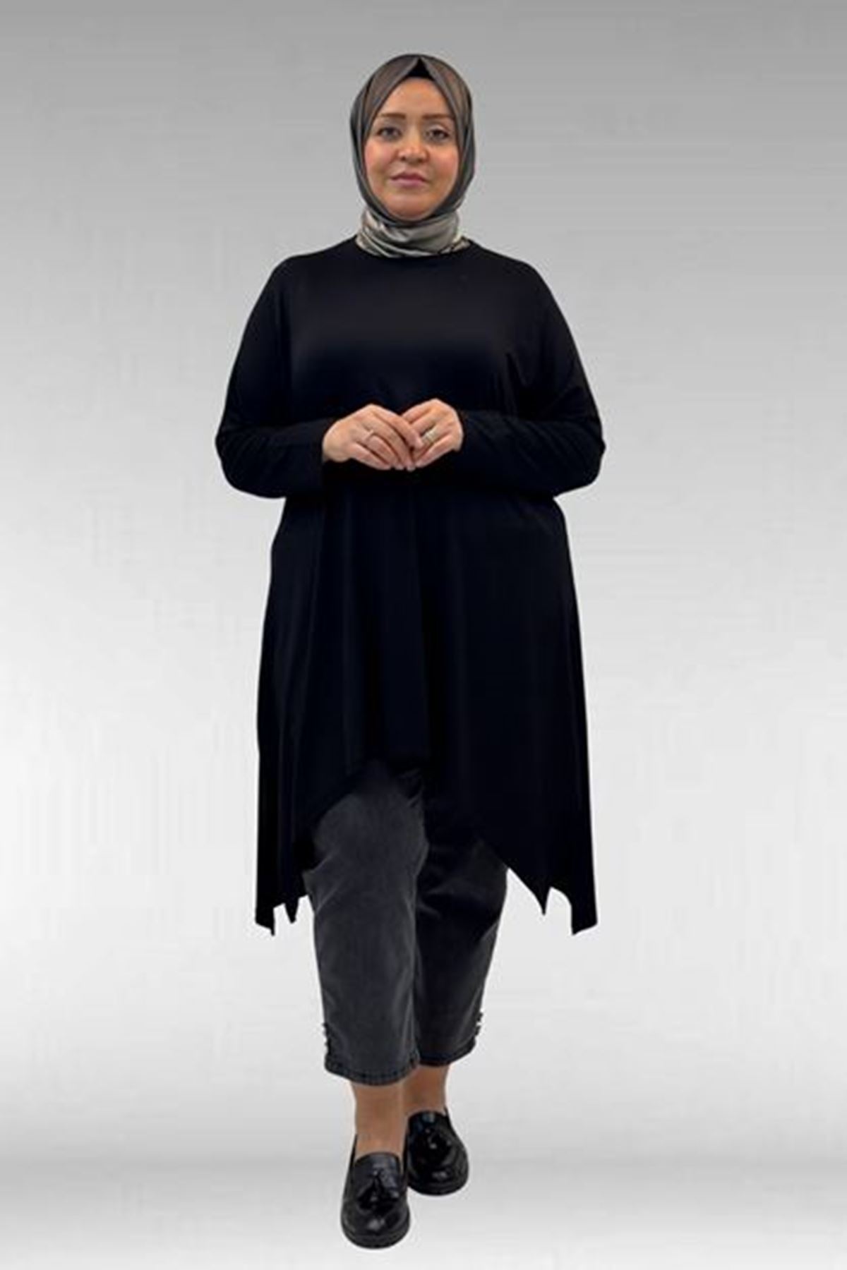 D-58070 Büyük Beden Asimetrik Kesim Penye Tunik - Siyah