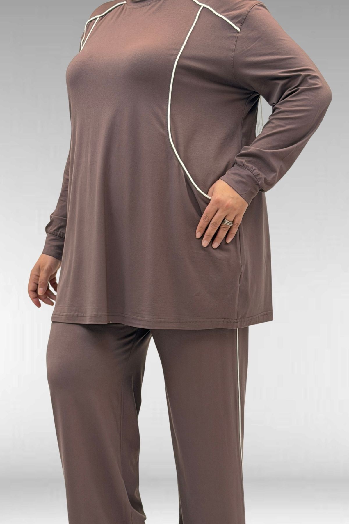 67012 Büyük Beden Biye Detaylı Penye Pantolonlu Takım - Vizon