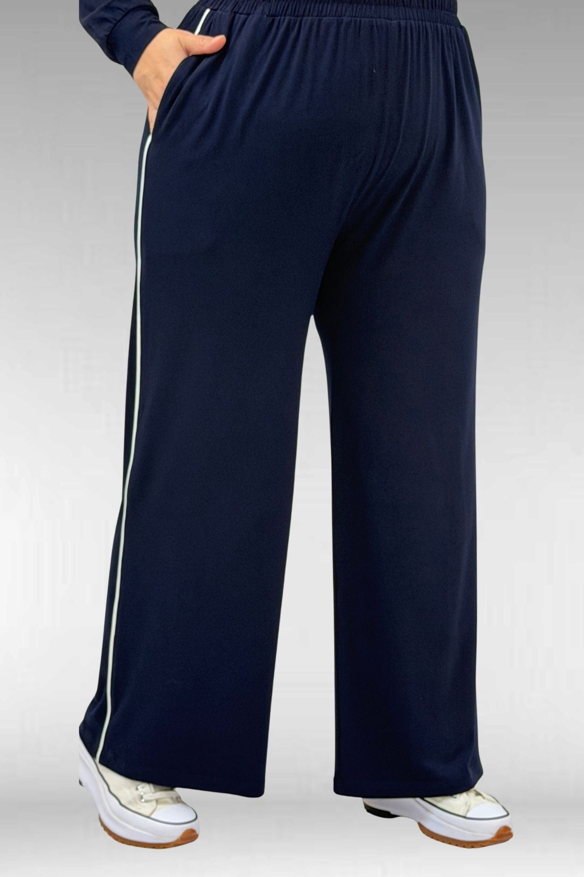 67012 Büyük Beden Biye Detaylı Penye Pantolonlu Takım - Lacivert