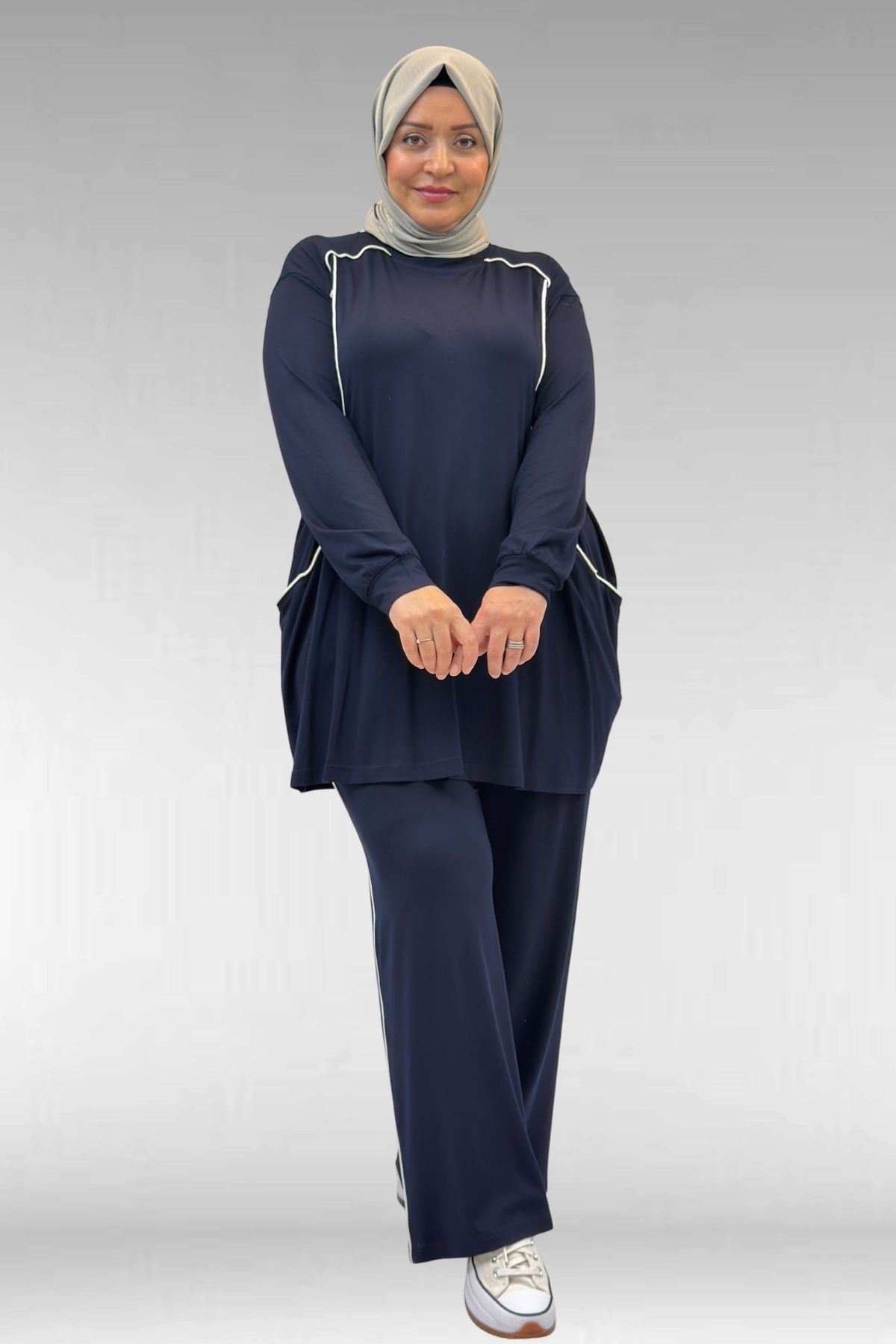 67012 Büyük Beden Biye Detaylı Penye Pantolonlu Takım - Lacivert