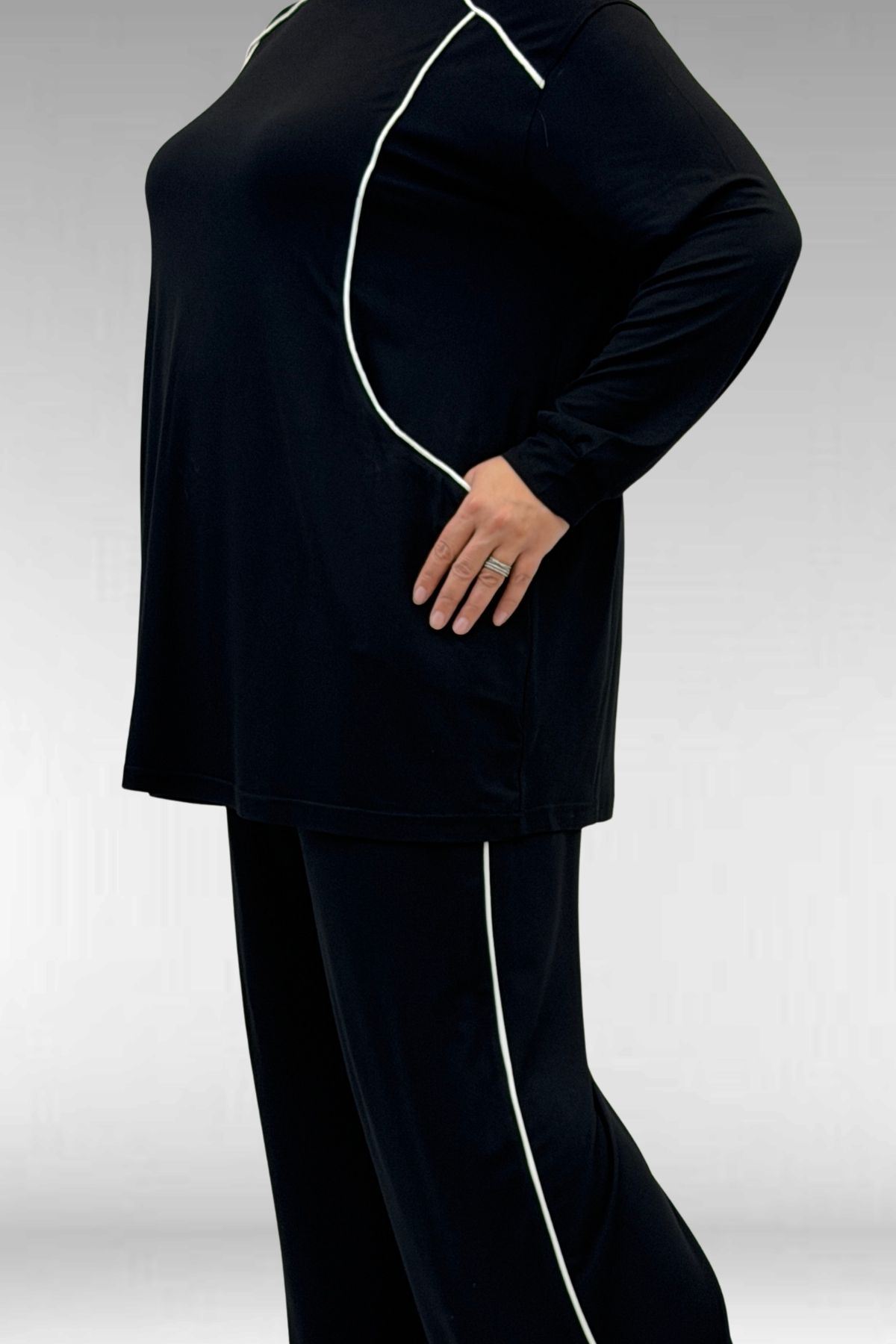 67012 Büyük Beden Biye Detaylı Penye Pantolonlu Takım - Siyah