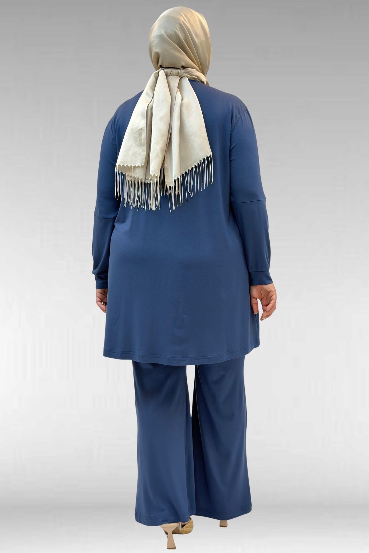 67021 Büyük Beden Taş Baskı Detaylı Parçalı Pantolonlu Takım - Petrol