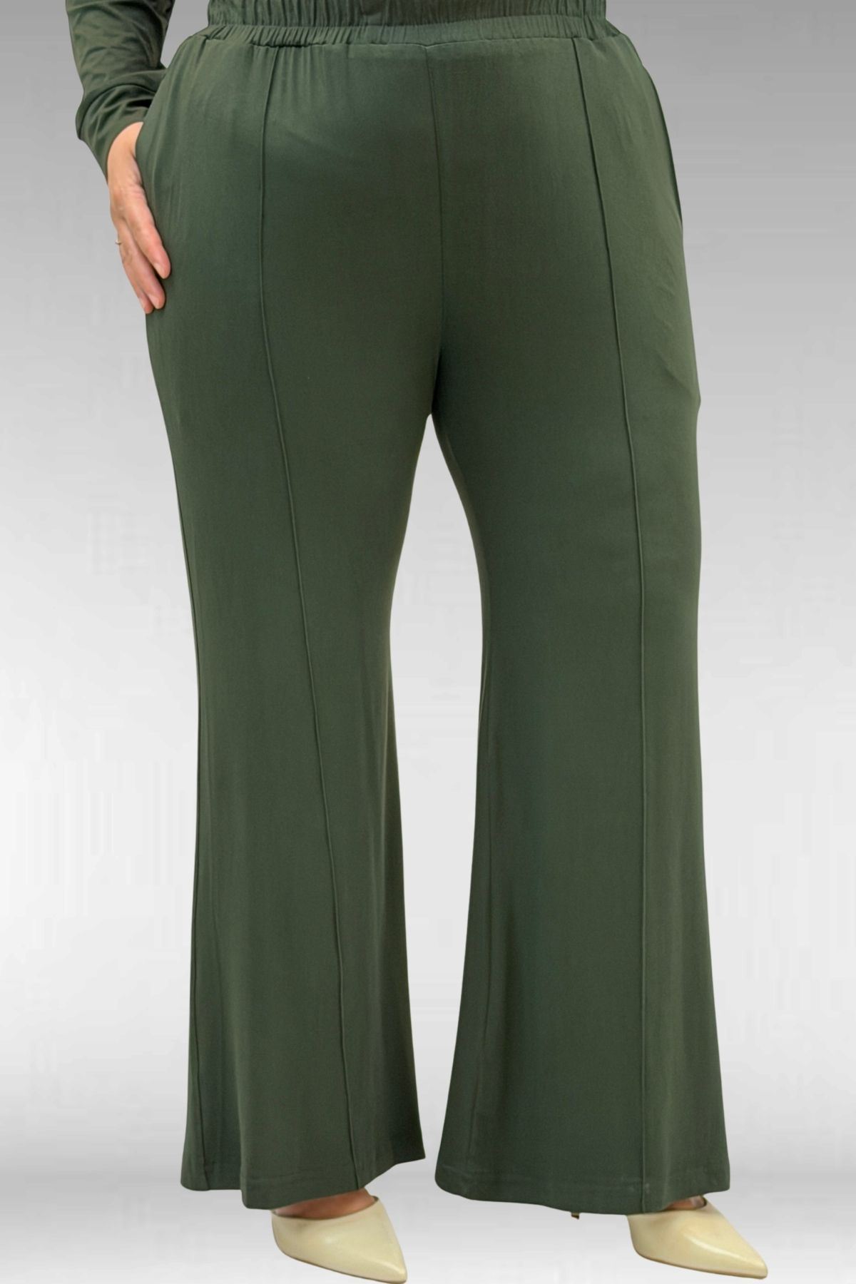 67021 Büyük Beden Taş Baskı Detaylı Parçalı Pantolonlu Takım - Haki