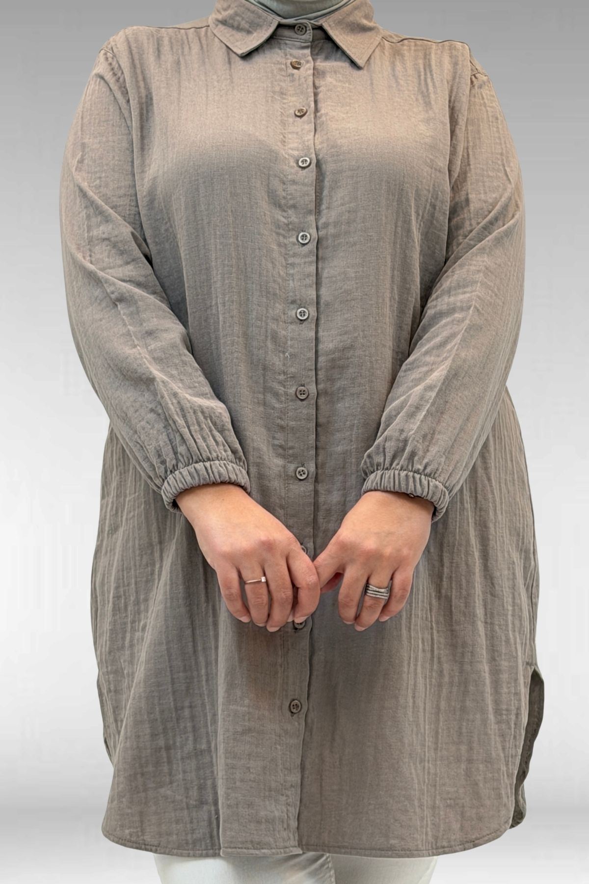 58091 Büyük Beden Kolları Lastikli Müslin Gömlek - Vizon