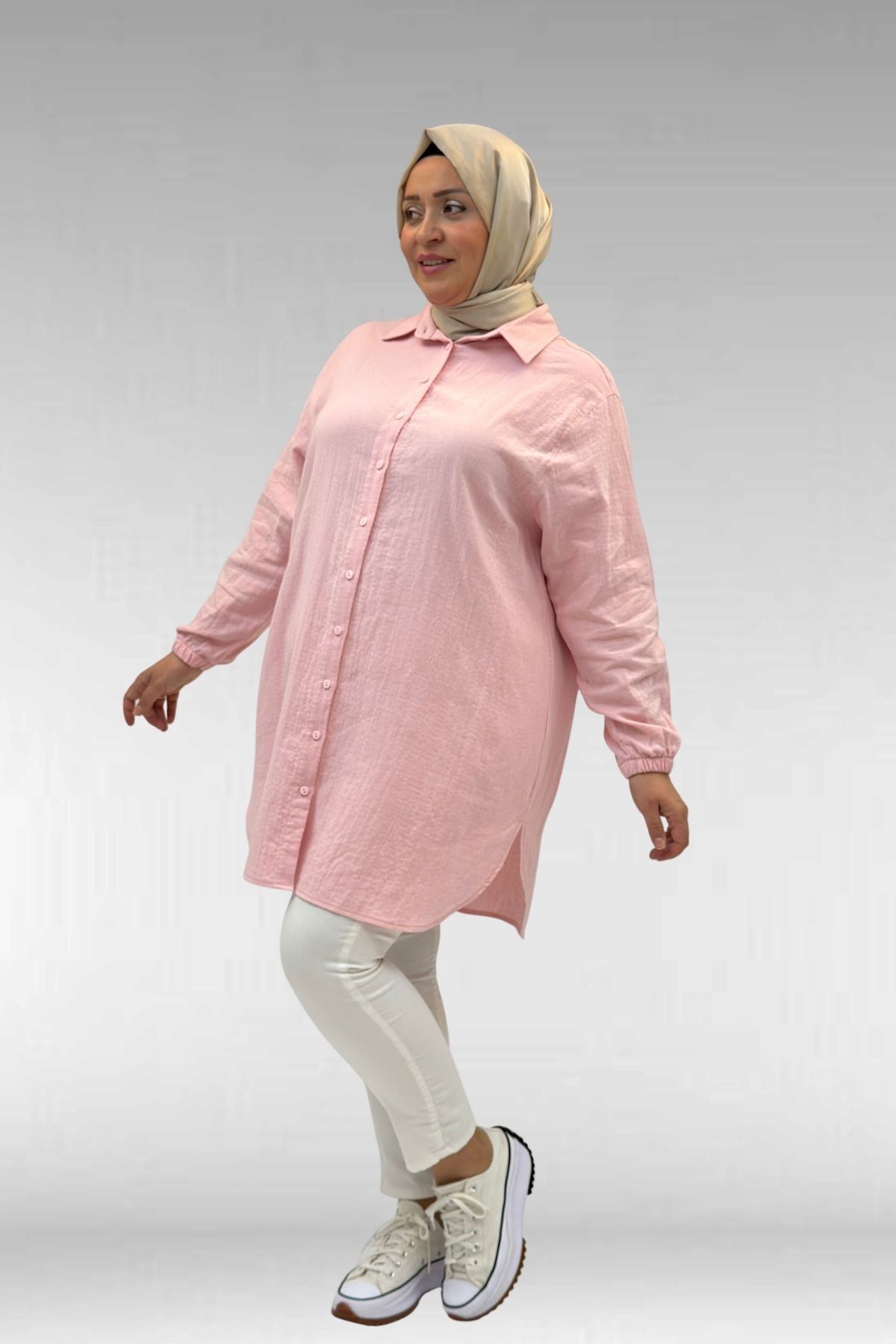 58091 Büyük Beden Kolları Lastikli Müslin Gömlek - Şeker Pembesi