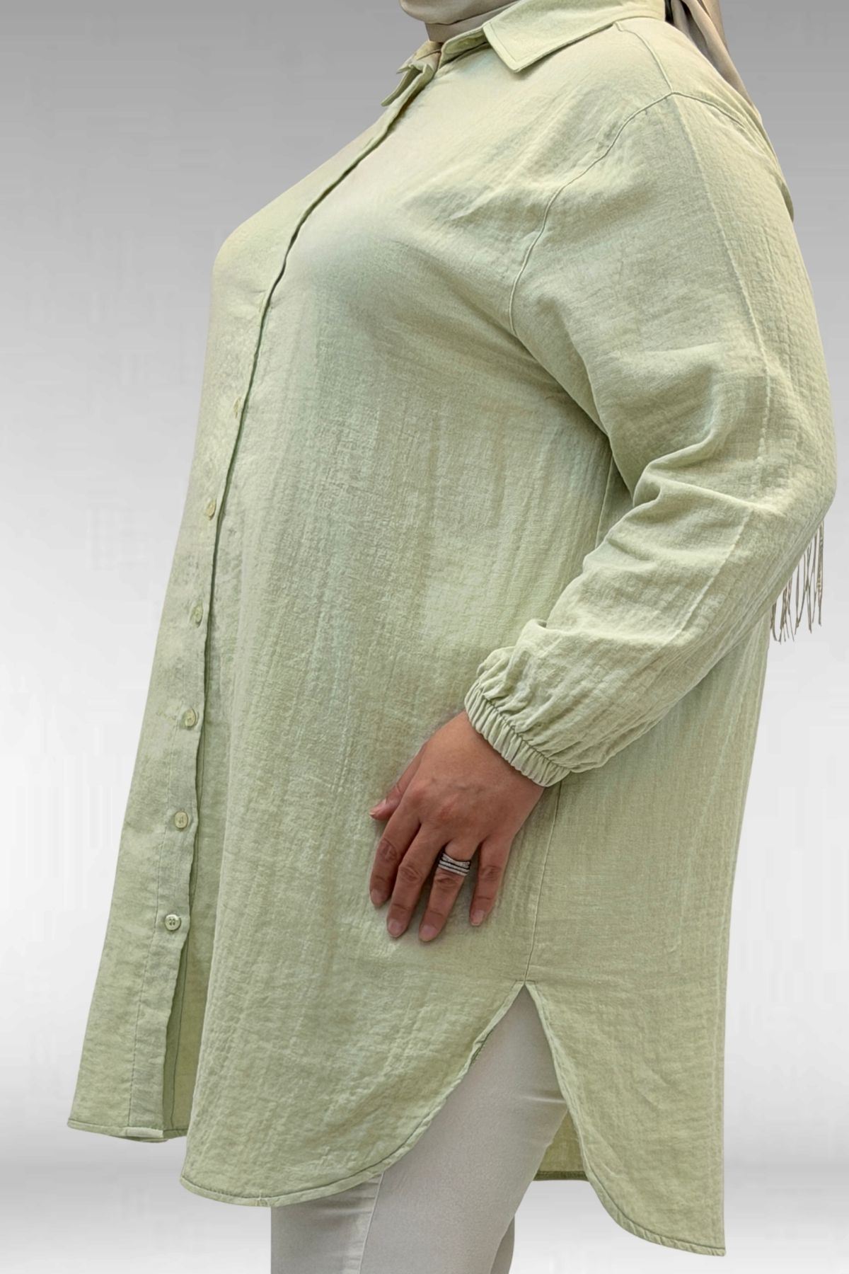 58091 Büyük Beden Kolları Lastikli Müslin Gömlek - Su Yeşili