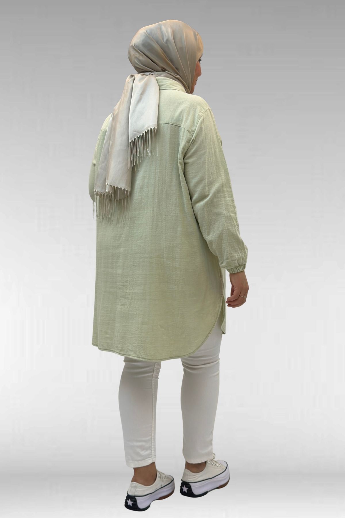 58091 Büyük Beden Kolları Lastikli Müslin Gömlek - Su Yeşili