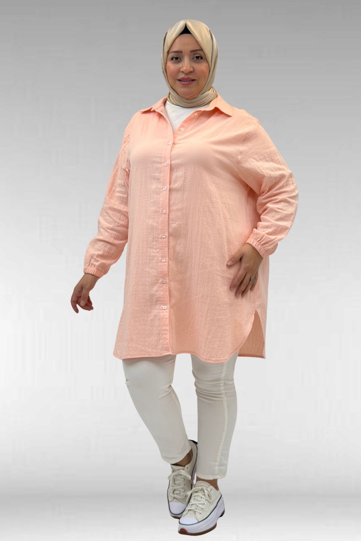 58091 Büyük Beden Kolları Lastikli Müslin Gömlek - Toz Pembe