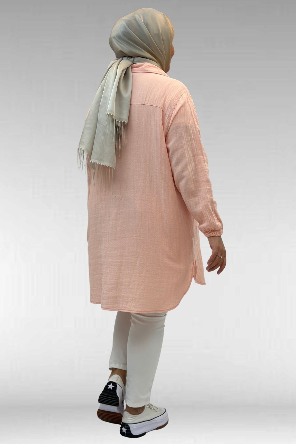 58091 Büyük Beden Kolları Lastikli Müslin Gömlek - Toz Pembe