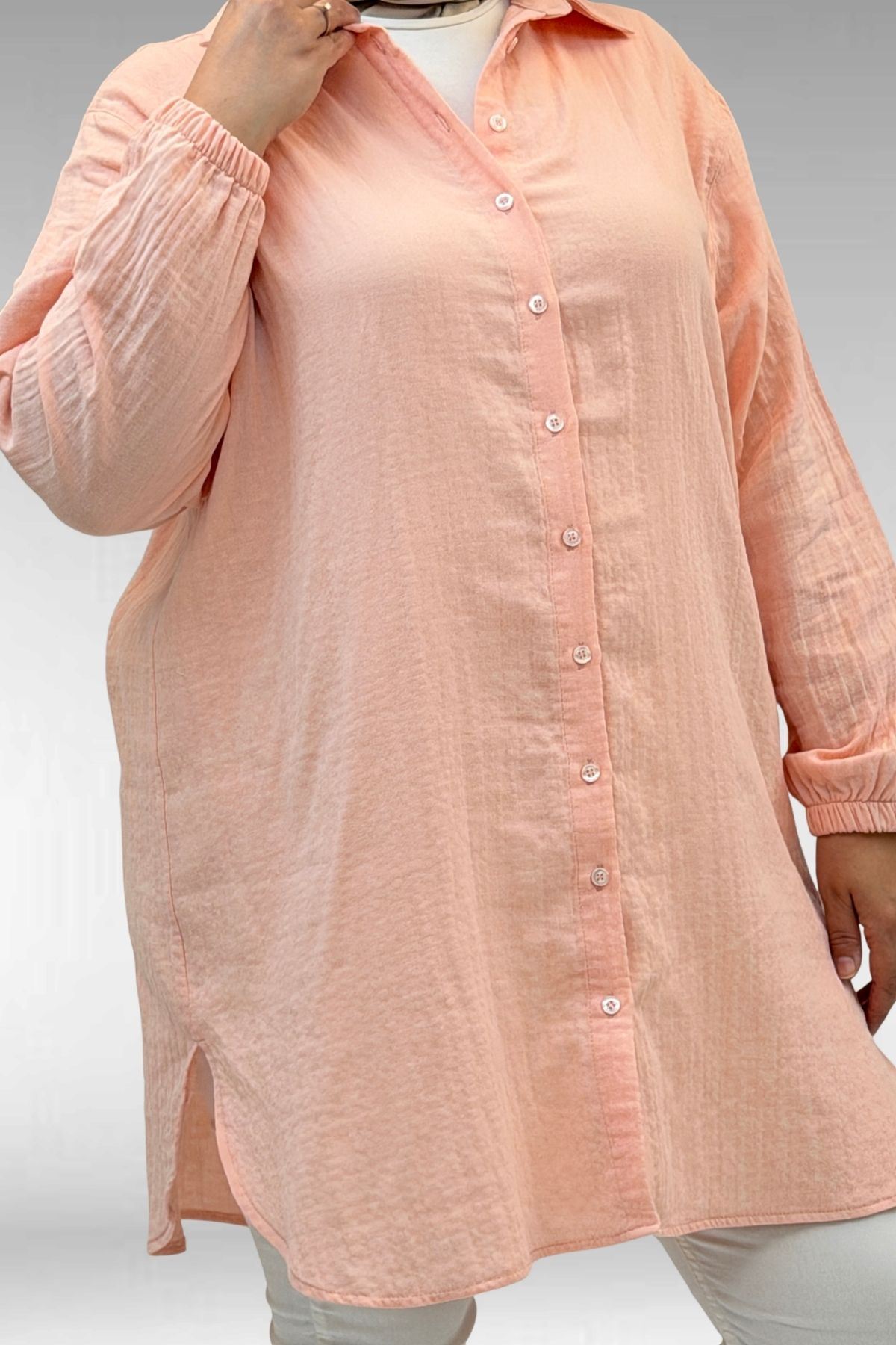 58091 Büyük Beden Kolları Lastikli Müslin Gömlek - Toz Pembe