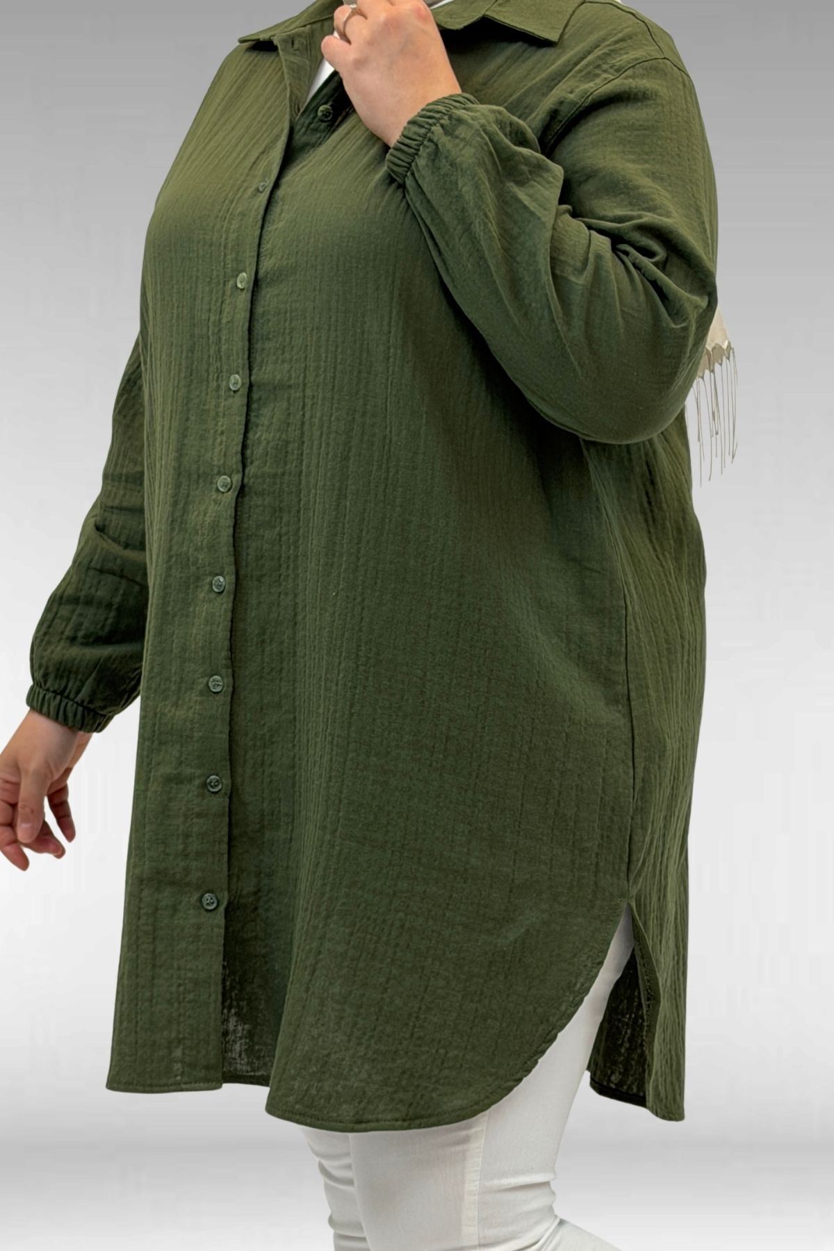 58091 Büyük Beden Kolları Lastikli Müslin Gömlek - Haki