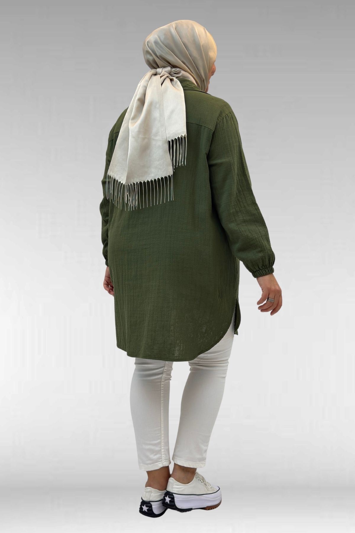 58091 Büyük Beden Kolları Lastikli Müslin Gömlek - Haki