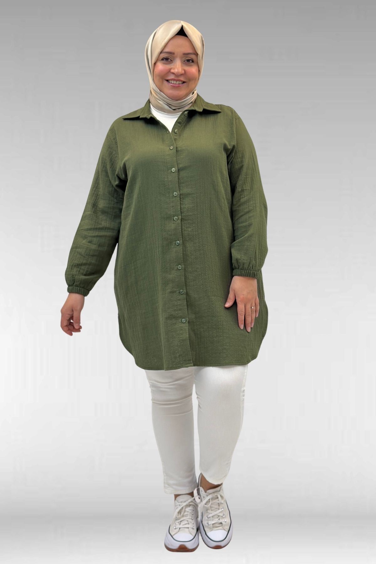 58091 Büyük Beden Kolları Lastikli Müslin Gömlek - Haki