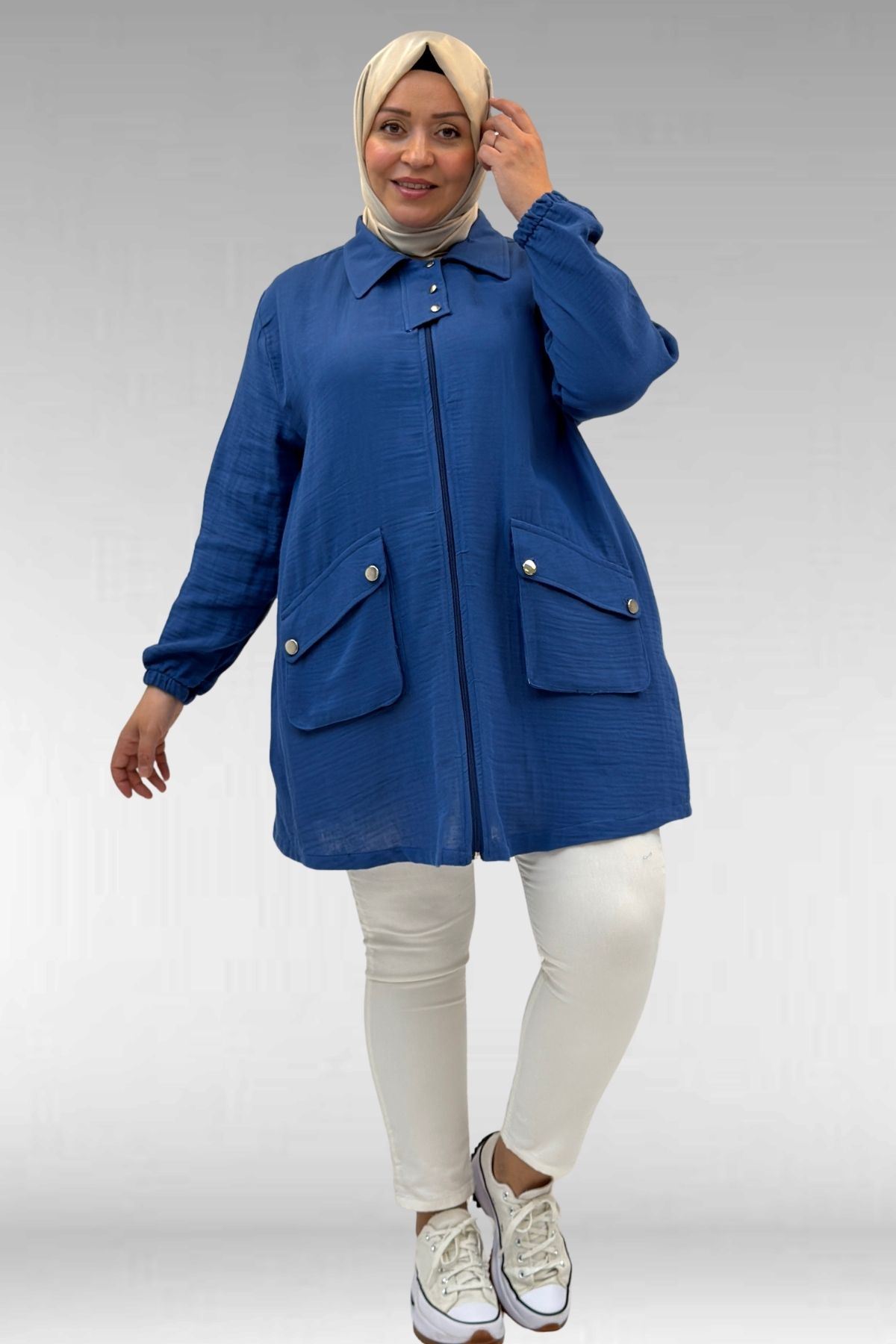 63001 Büyük Beden Cep Ve Patı Çıtçıt Detaylı Müslin Ceket - İndigo