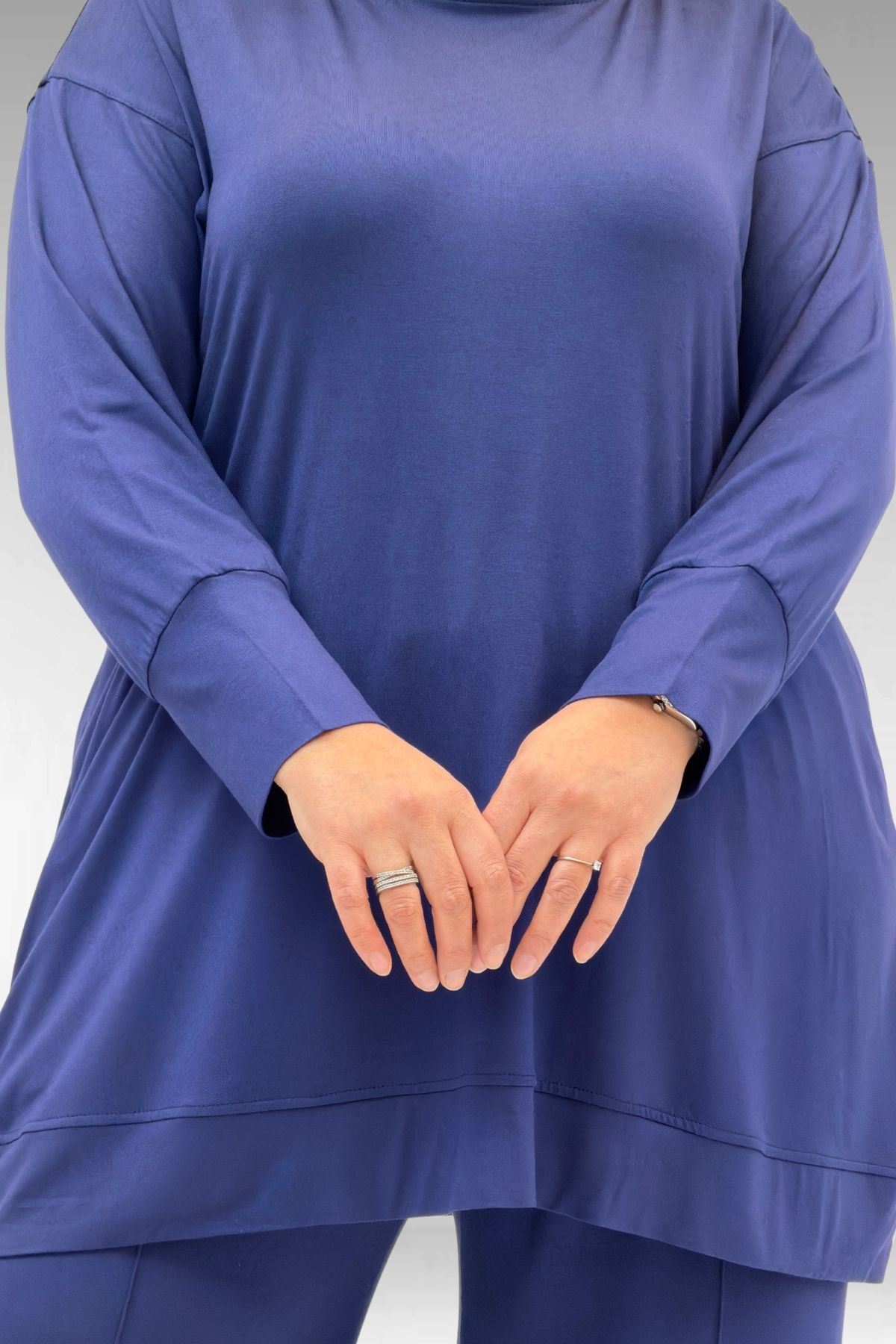 67007 Büyük Beden Kol Ve Etek Ucu Kendinden Ribanalı Pantolonlu Takım - İndigo