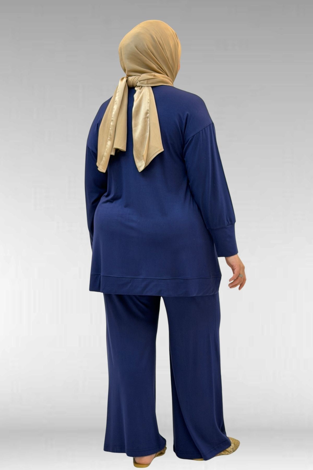 67007 Büyük Beden Kol Ve Etek Ucu Kendinden Ribanalı Pantolonlu Takım - İndigo