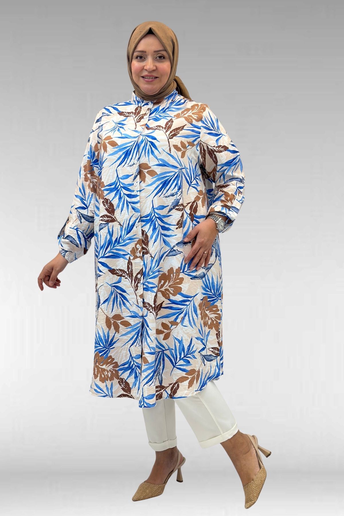 68014 Büyük Beden Hakimyaka Çift Düğmeli Mango Tunik - Desenli Haki