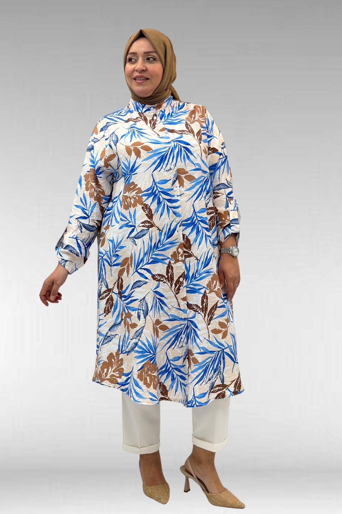 68014 Büyük Beden Hakimyaka Çift Düğmeli Mango Tunik - Desenli Haki