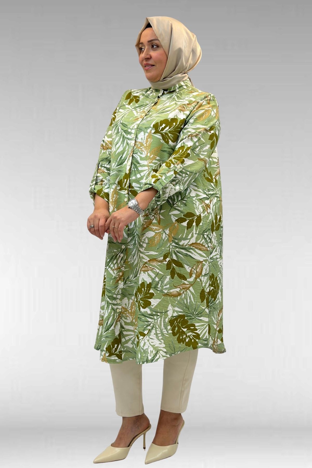 68014 Büyük Beden Hakimyaka Çift Düğmeli Mango Tunik - Yaprak Desen Vizon