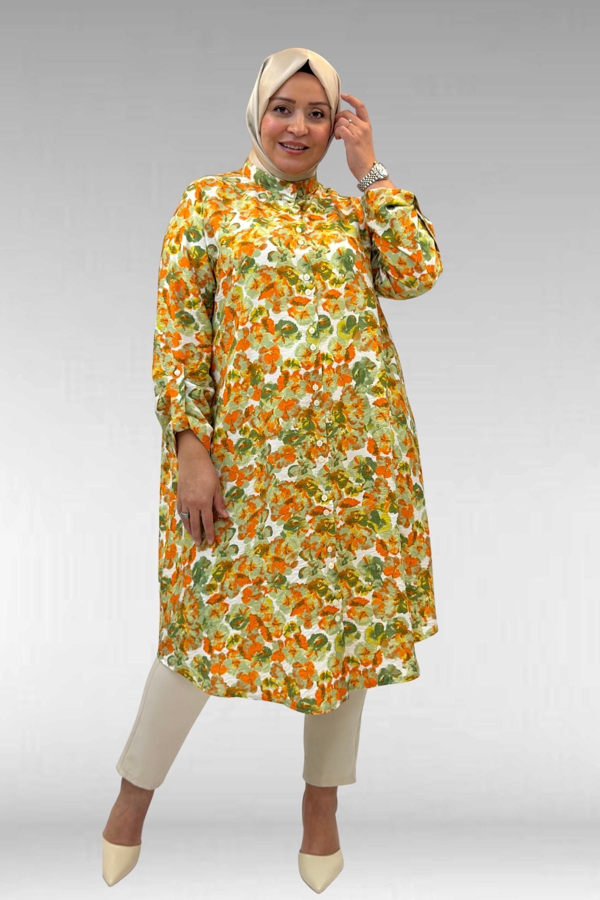 68014 Büyük Beden Hakimyaka Çift Düğmeli Mango Tunik - Çiçek Desen Yeşil