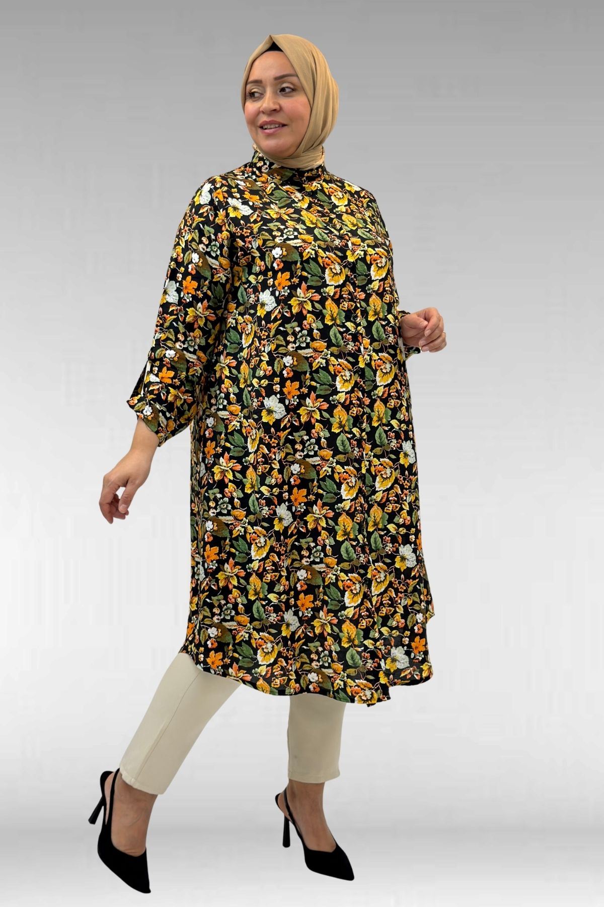 68014 Büyük Beden Hakimyaka Çift Düğmeli Mango Tunik - Desenli Siyah