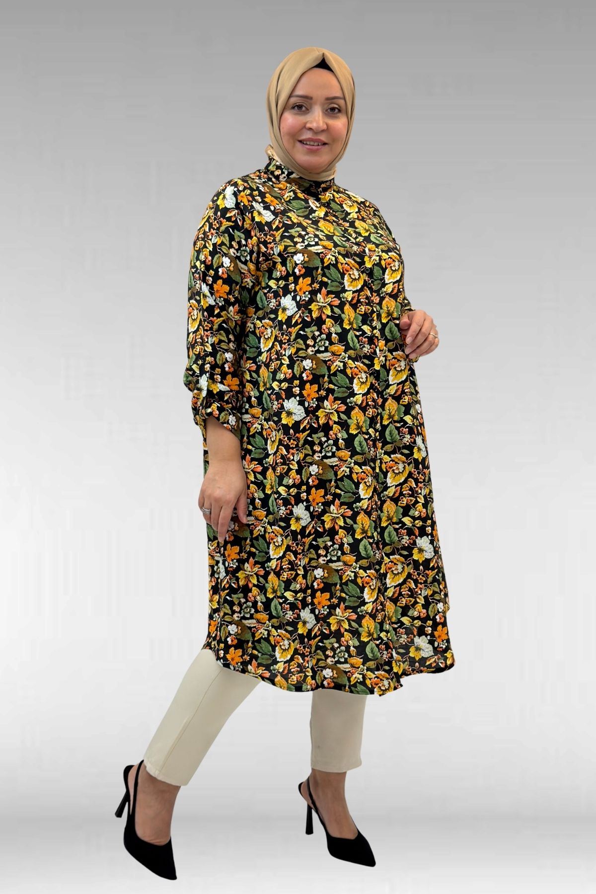 68014 Büyük Beden Hakimyaka Çift Düğmeli Mango Tunik - Desenli Siyah
