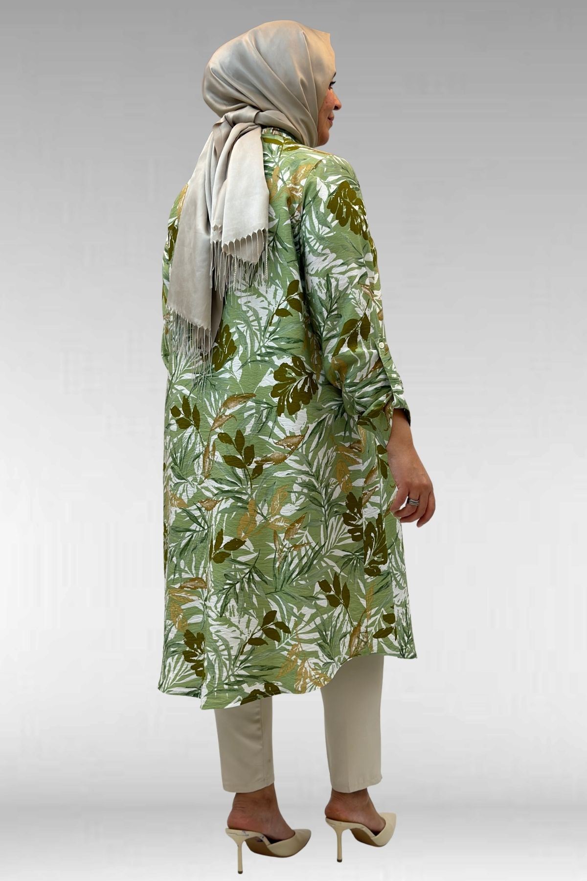 68014 Büyük Beden Hakimyaka Çift Düğmeli Mango Tunik - Desenli Haki