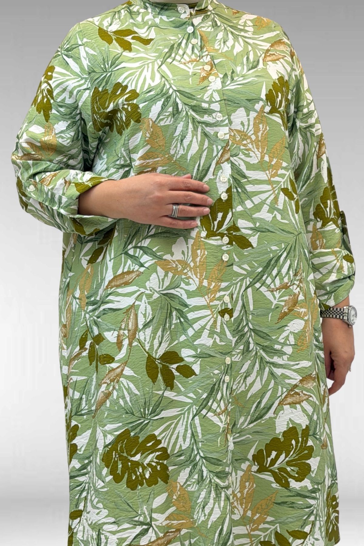 68014 Büyük Beden Hakimyaka Çift Düğmeli Mango Tunik - Desenli Haki