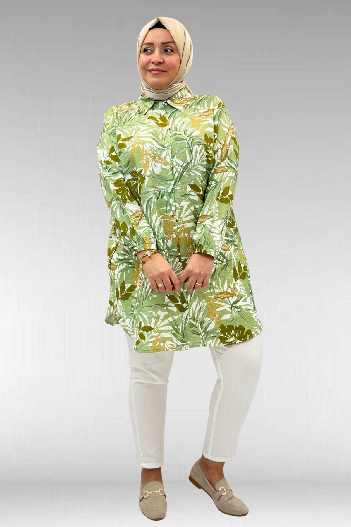 68010 Büyük Beden Yanları Yırtmaçlı Kolları Lastikli Mango Tunik - Desenli Haki