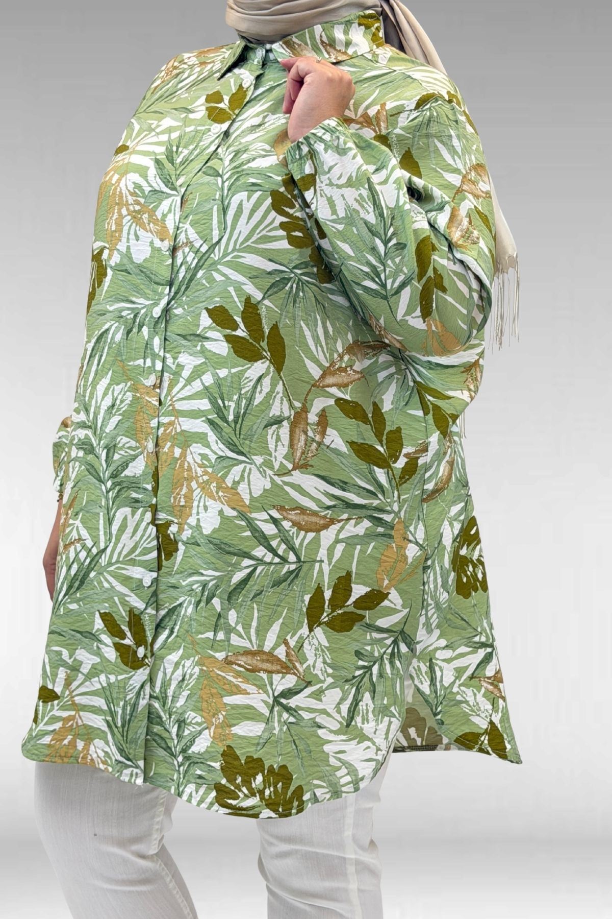 68010 Büyük Beden Yanları Yırtmaçlı Kolları Lastikli Mango Tunik - Desenli Haki