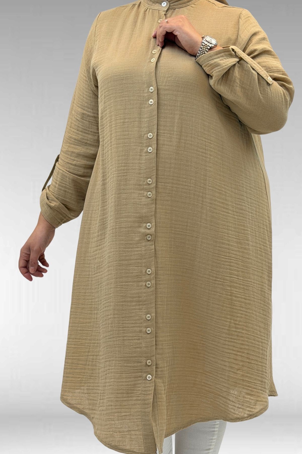 58092 Büyük Beden  Çift Düğme Detaylı Müslin Gömlek - Bej