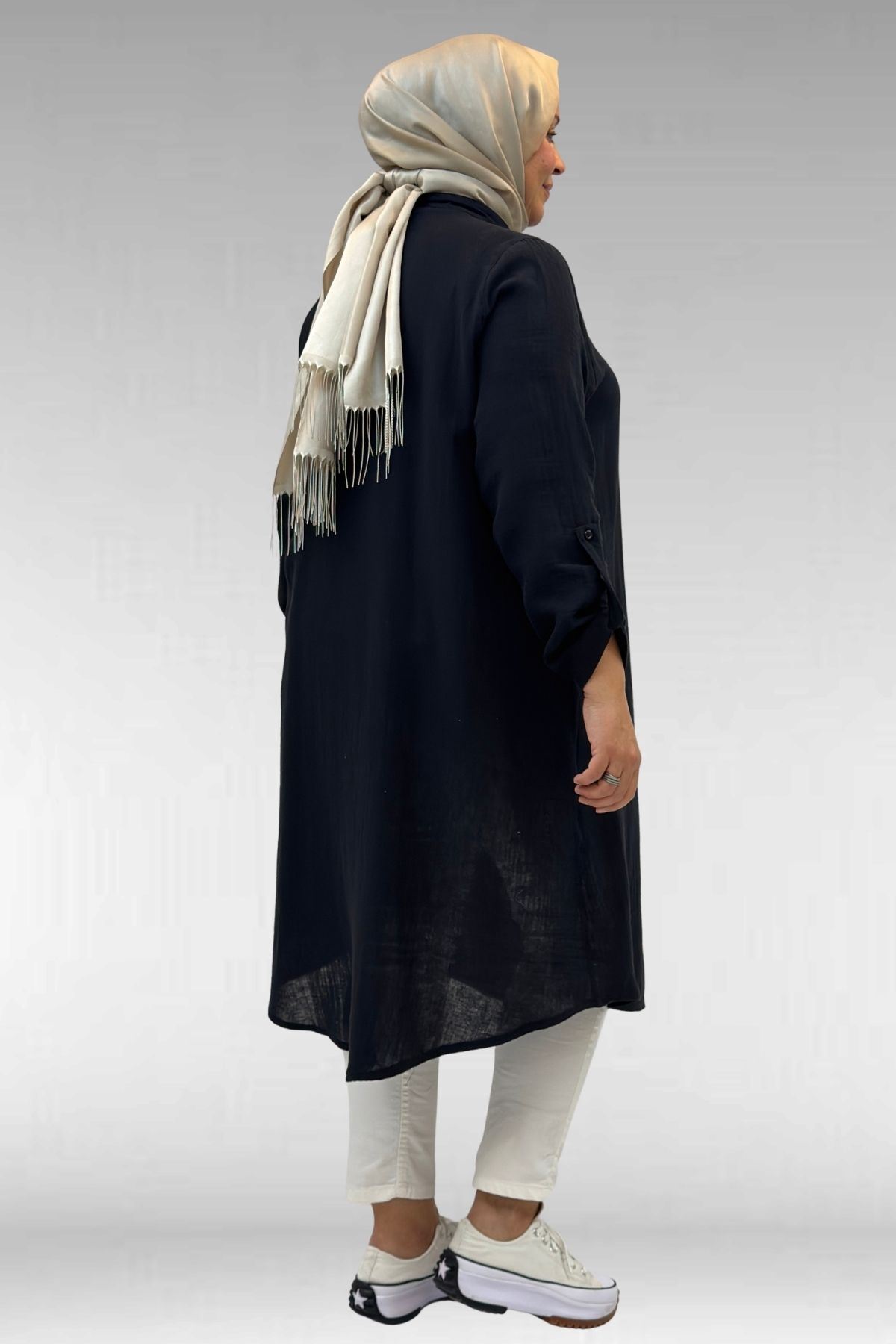 58092 Büyük Beden  Çift Düğme Detaylı Müslin Gömlek - Siyah