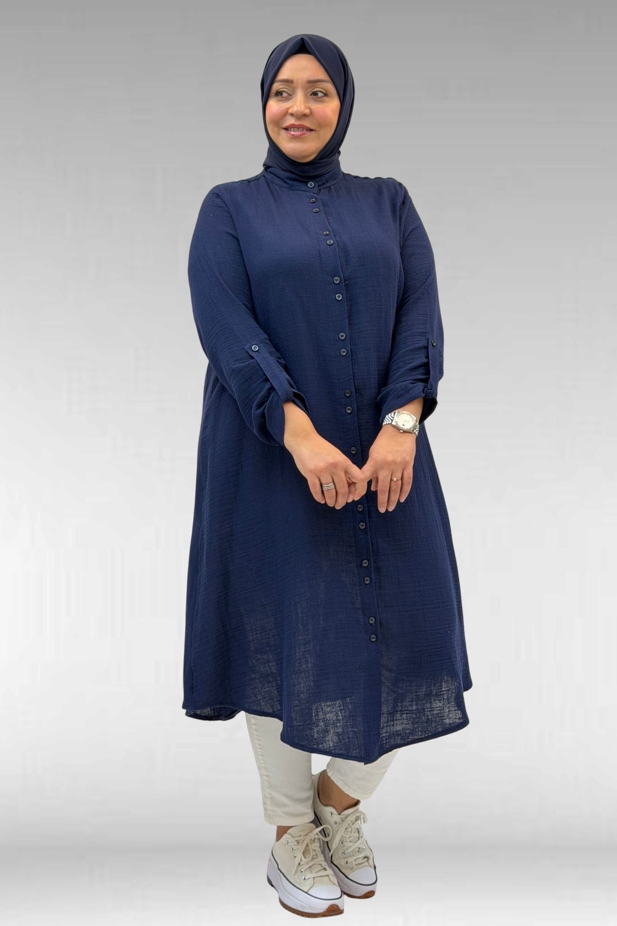 58092 Büyük Beden Çift Düğme Detaylı Müslin Gömlek - Lacivert