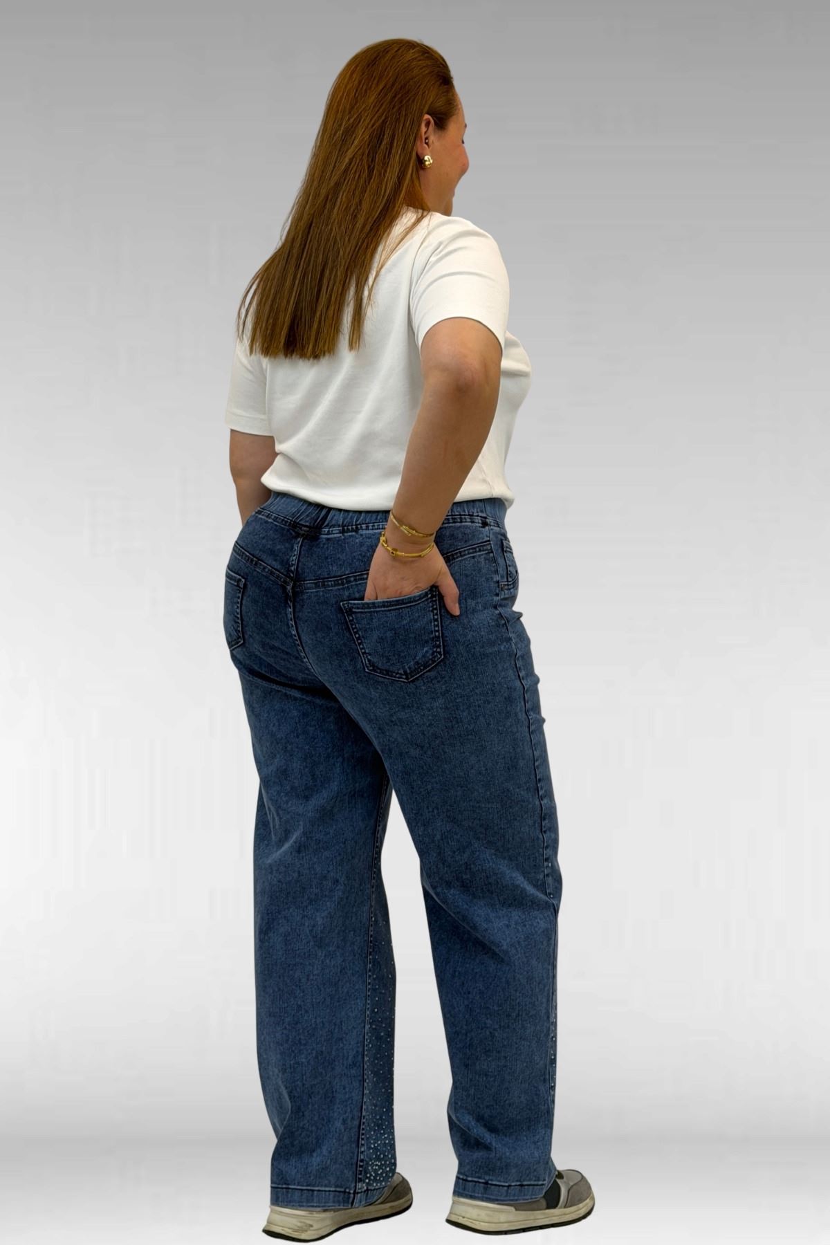 69001 Büyük Beden Beli Lastikli Cep Görünümlü Taşlı Kot Pantolon - Lacivert