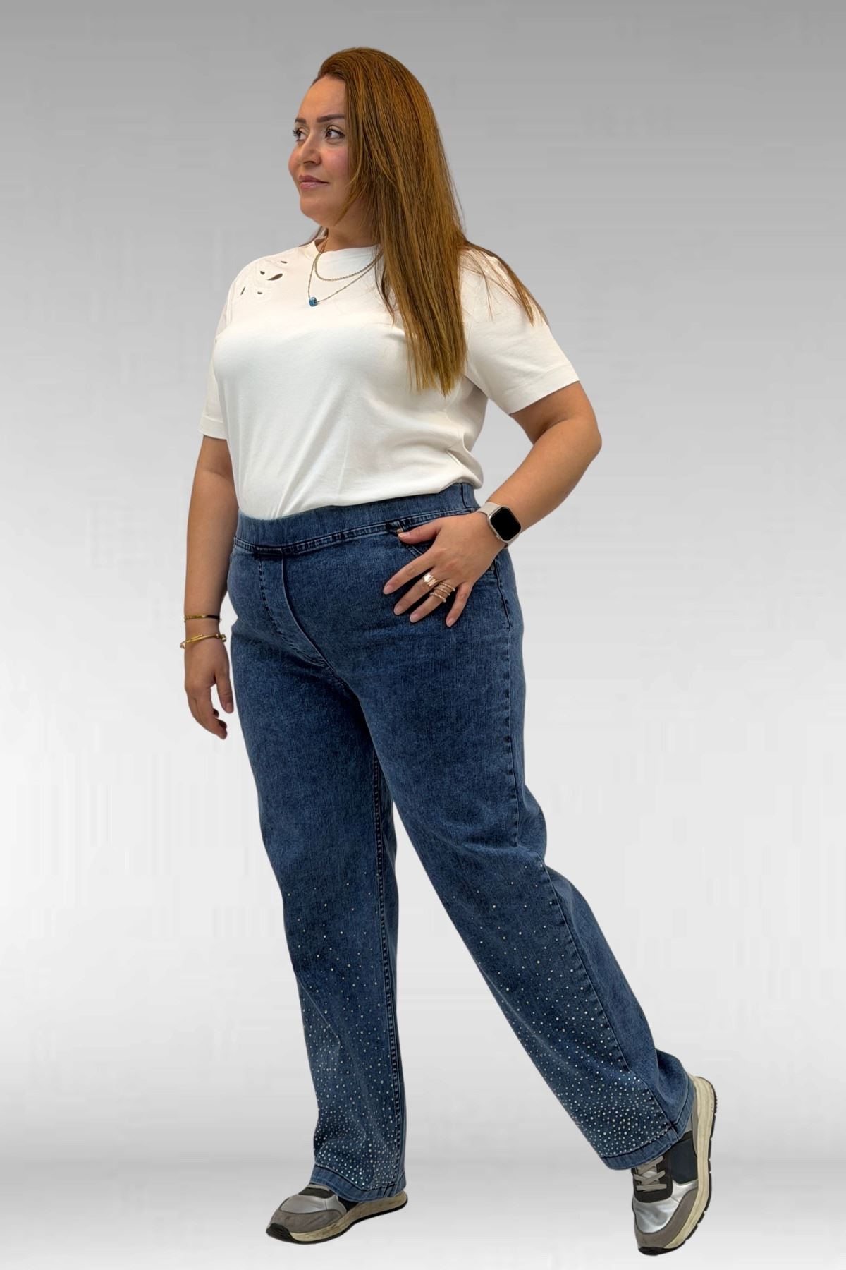 69001 Büyük Beden Beli Lastikli Sahte Cepli Taşlı Kot Pantolon - Lacivert