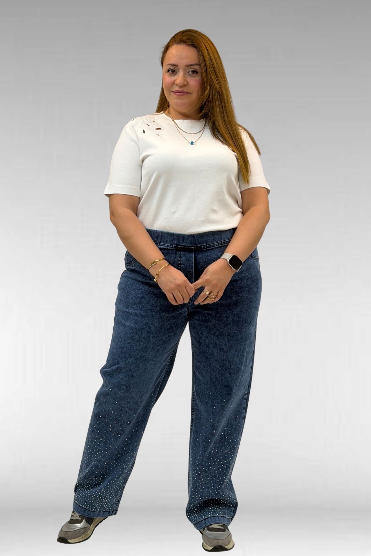 69001 Büyük Beden Beli Lastikli Sahte Cepli Taşlı Kot Pantolon - Lacivert