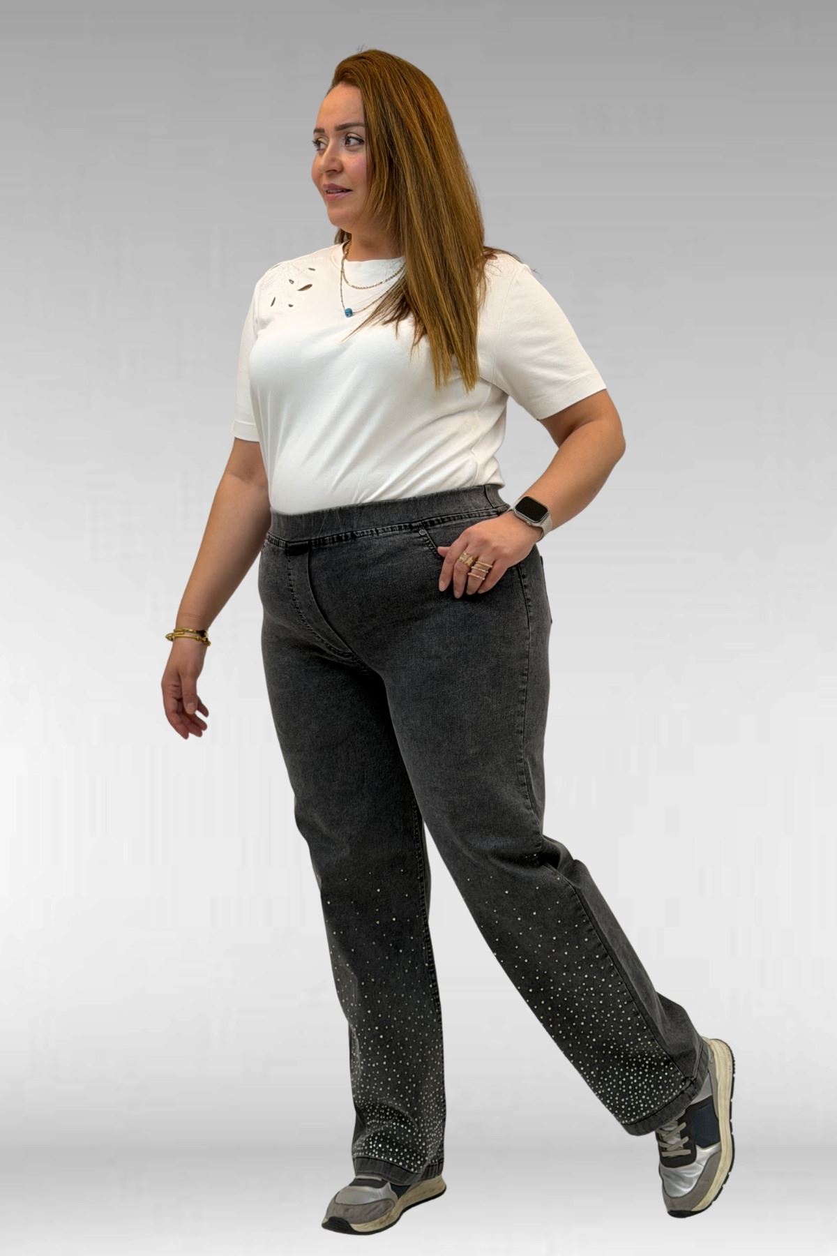 69001 Büyük Beden Beli Lastikli Cep Görünümlü Taşlı Kot Pantolon - Siyah