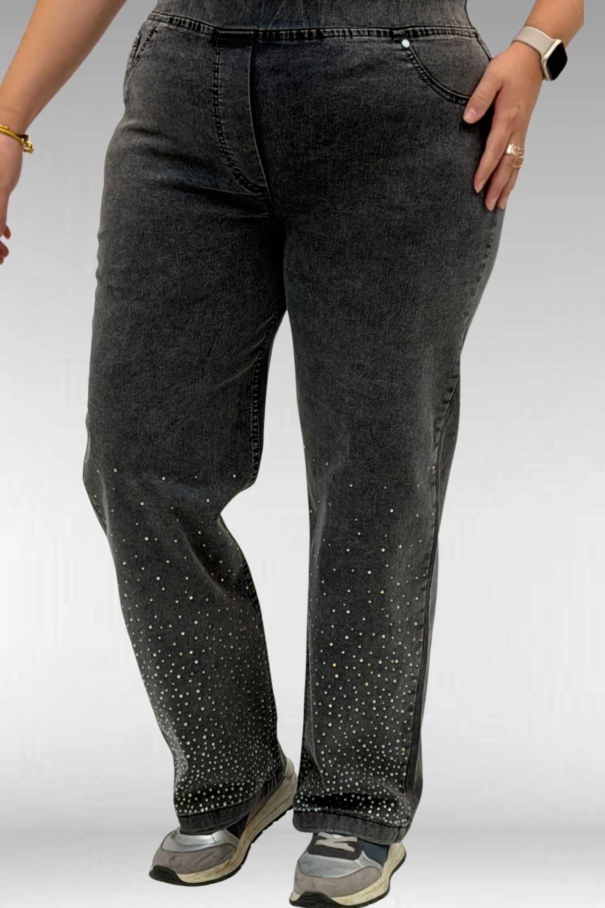 69001 Büyük Beden Beli Lastikli Cep Görünümlü Taşlı Kot Pantolon - Siyah