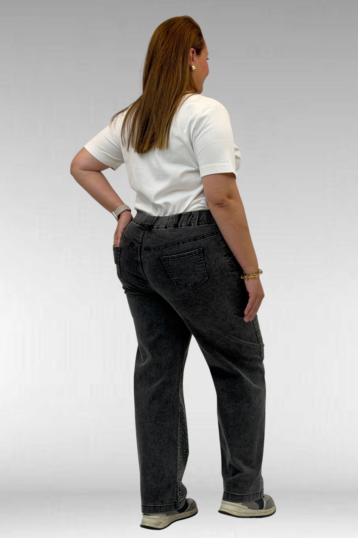 69001 Büyük Beden Beli Lastikli Sahte Cepli Taşlı Kot Pantolon - Siyah