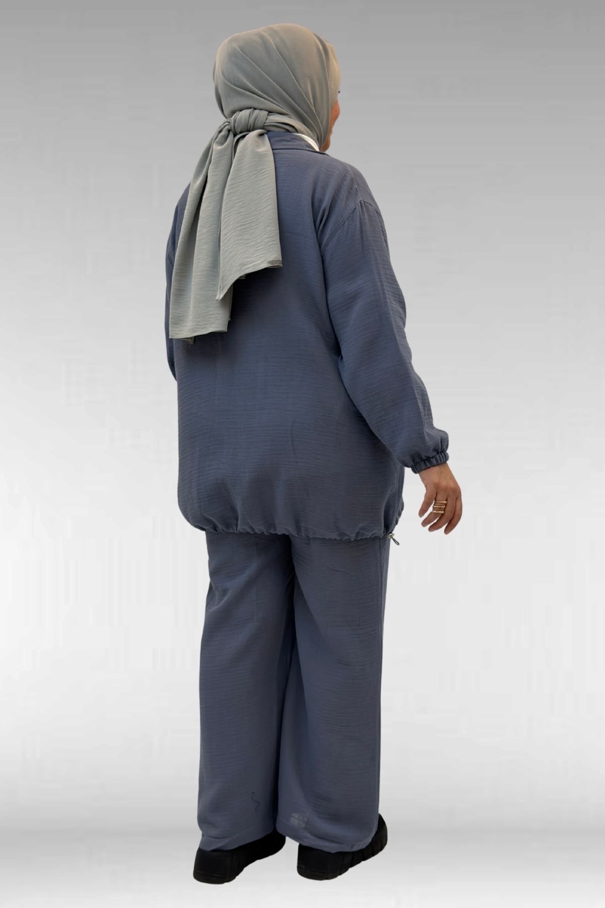 67016 Büyük Beden Kol Ve Etek Ucu Lastik Detaylı Müslin Pantolonlu Takım - Antrasit