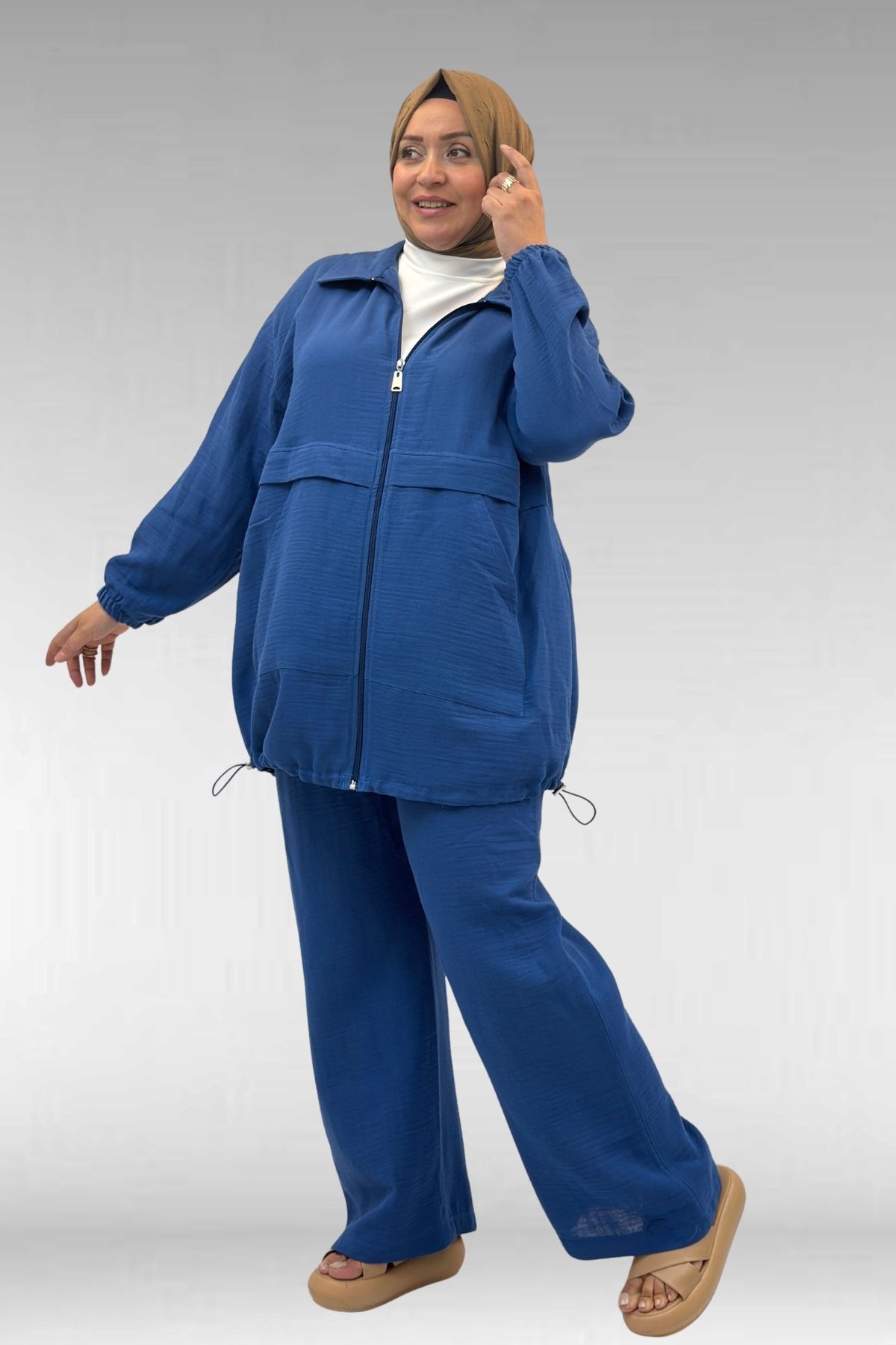 67016 Büyük Beden Kol Ve Etek Ucu Lastik Detaylı Müslin Pantolonlu Takım - İndigo