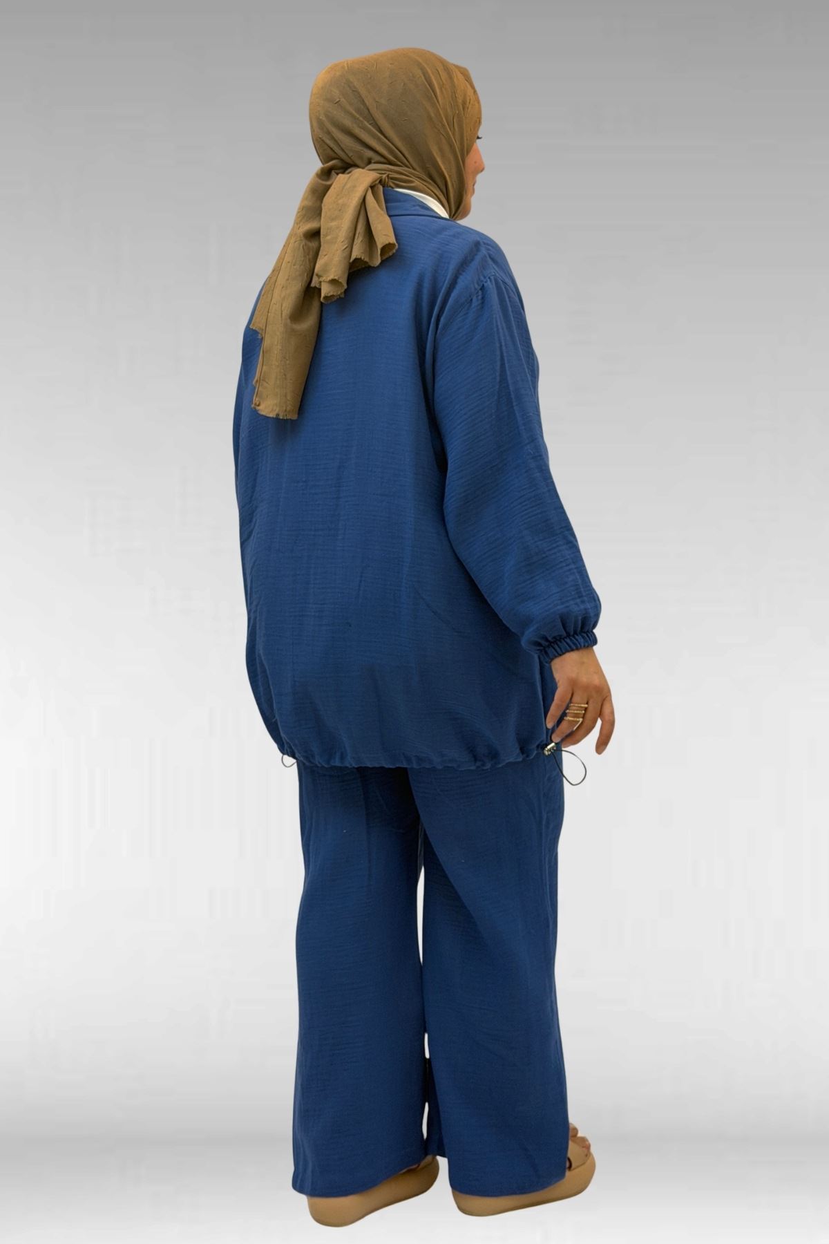 67016 Büyük Beden Kol Ve Etek Ucu Lastik Detaylı Müslin Pantolonlu Takım - İndigo
