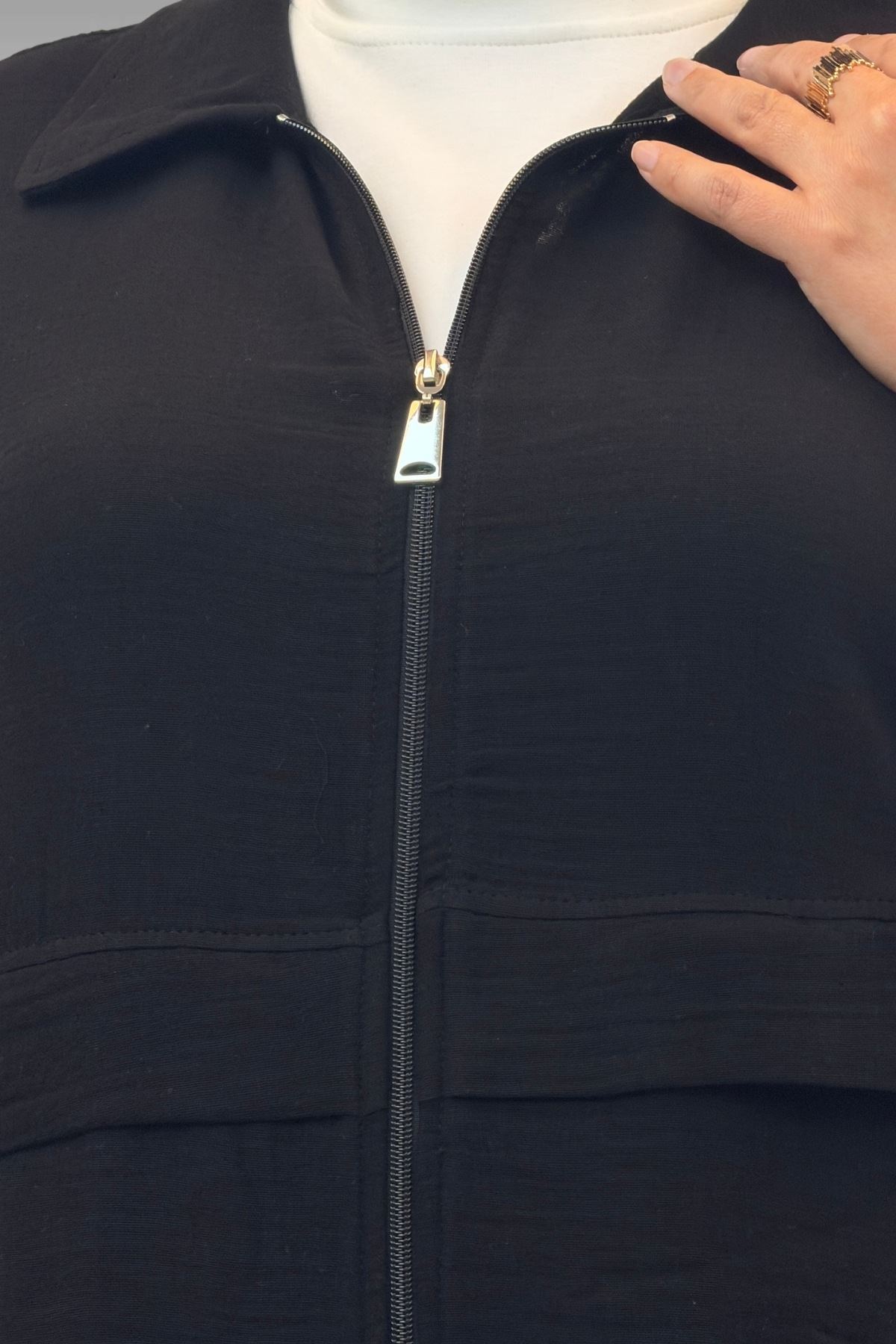 67016 Büyük Beden Kol Ve Etek Ucu Lastik Detaylı Müslin Pantolonlu Takım - Siyah