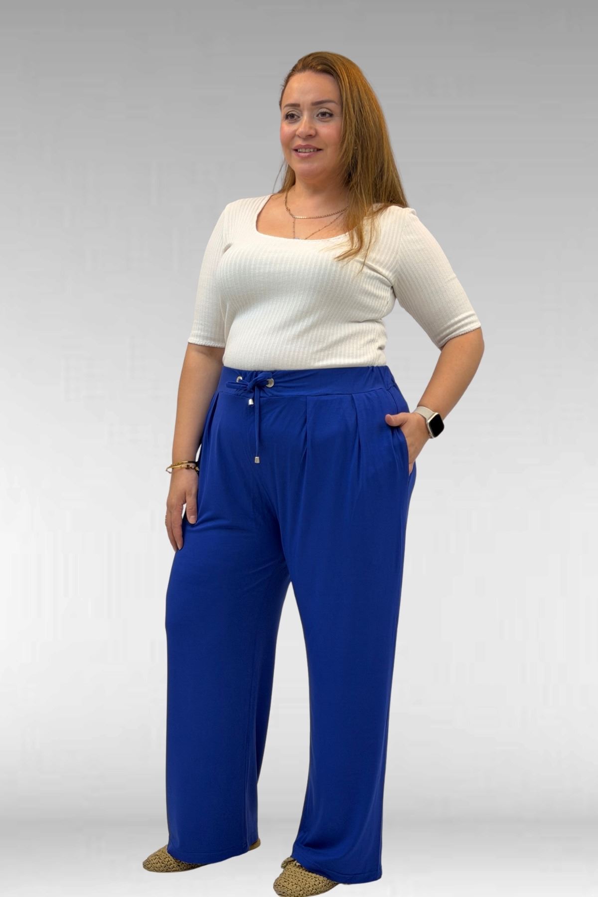 59002 Büyük Beden Pile Detaylı Penye Pantolon - İndigo