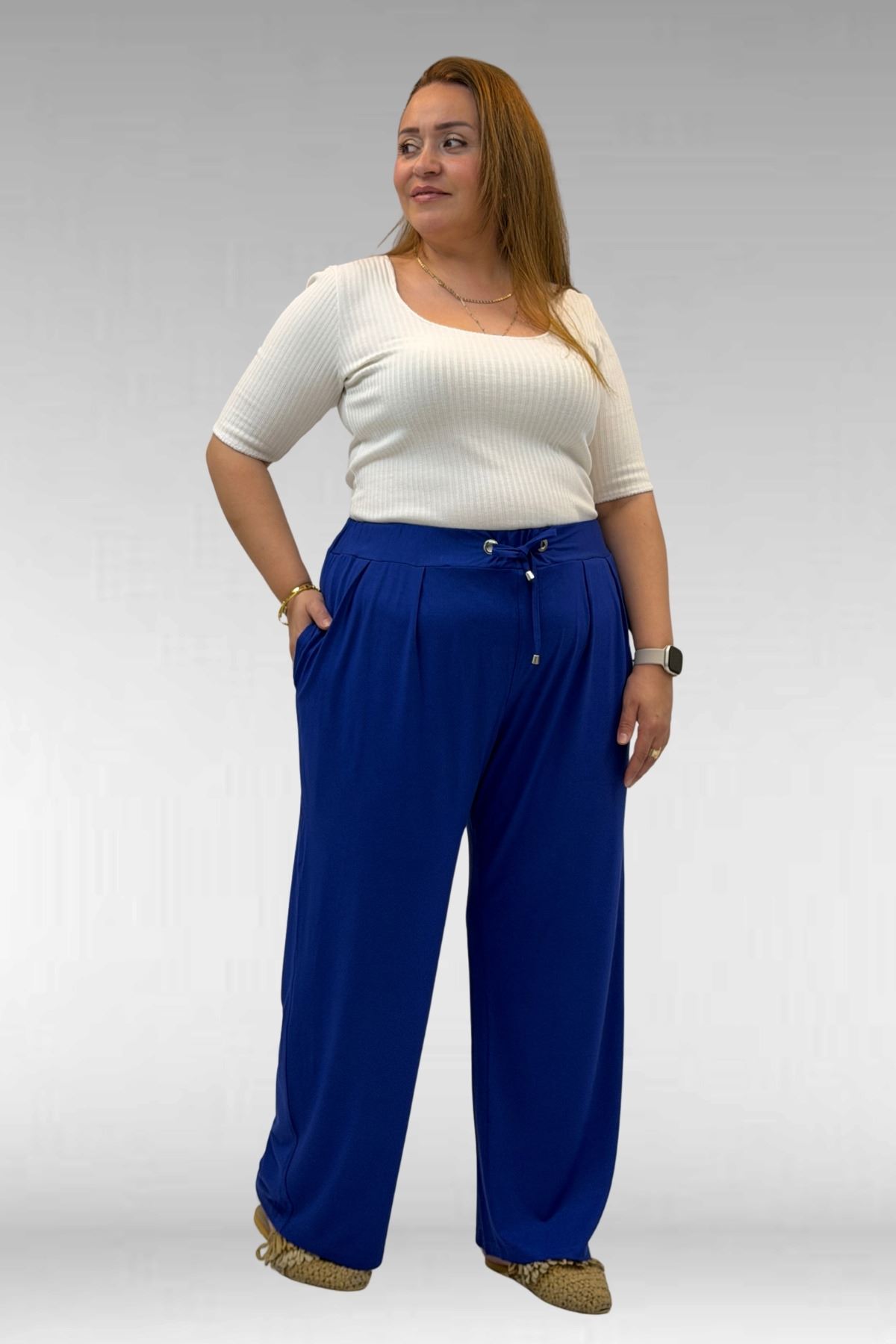 59002 Büyük Beden Pile Detaylı Penye Pantolon - İndigo