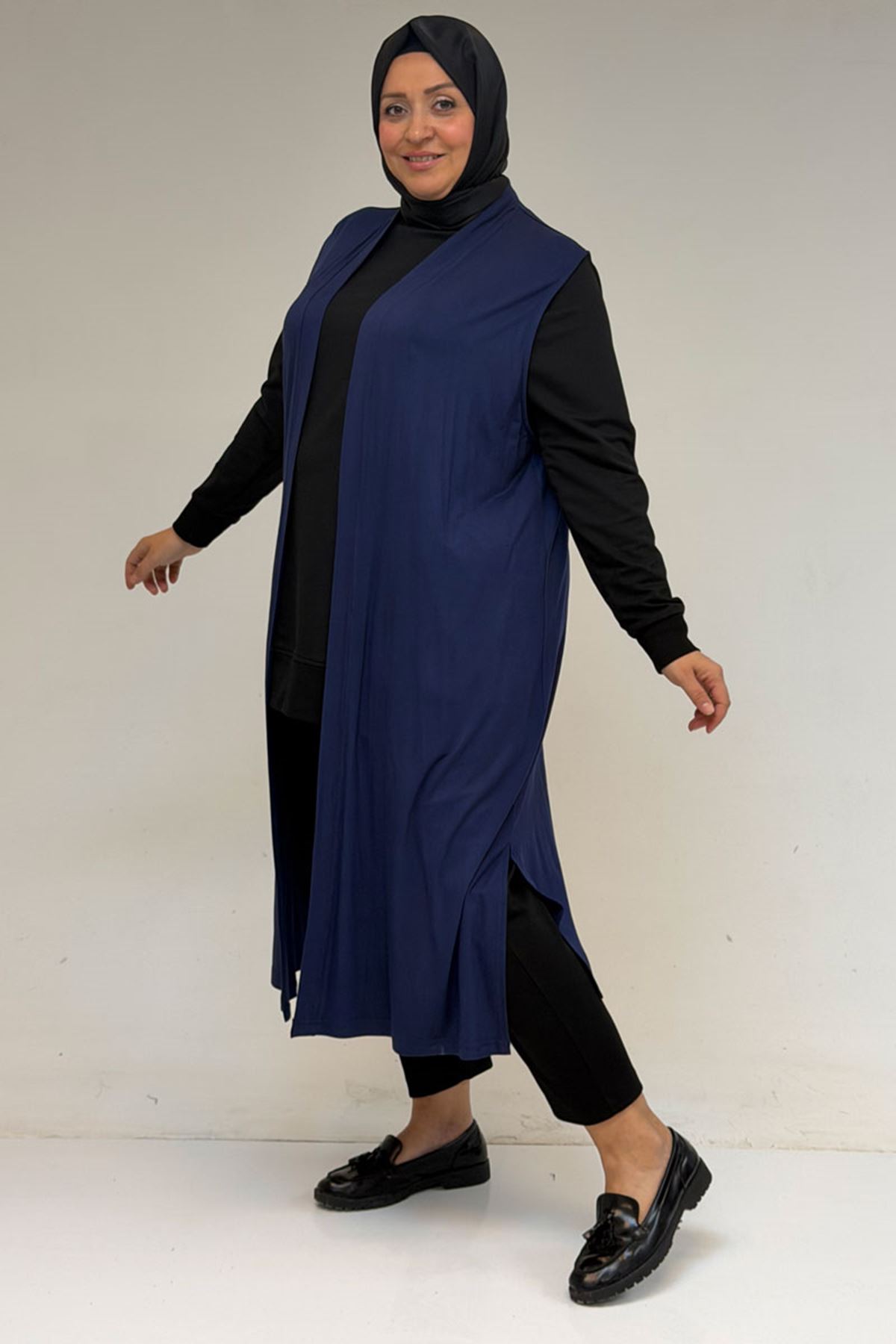 34000 Büyük Beden Penye Giy-Çık Yelek - İndigo