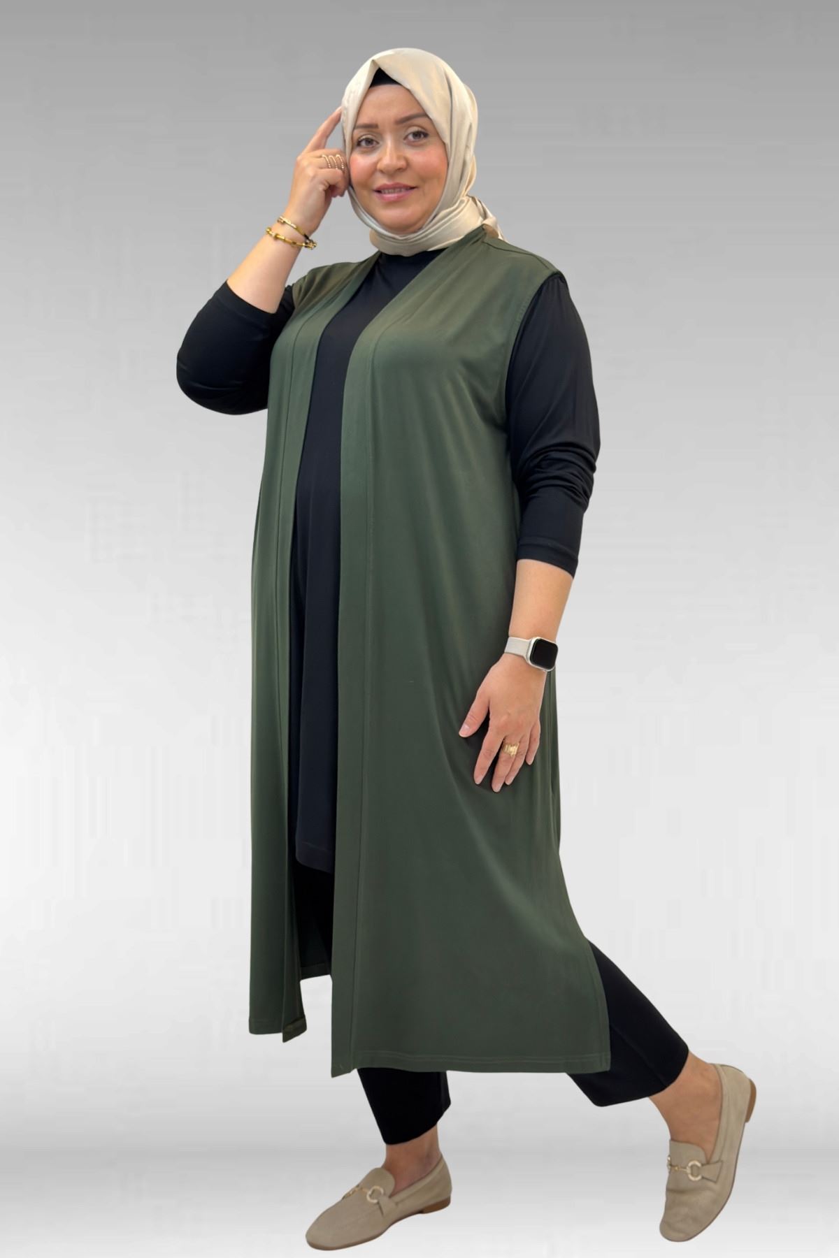 34000 Büyük Beden Penye Giy-Çık Yelek - Haki