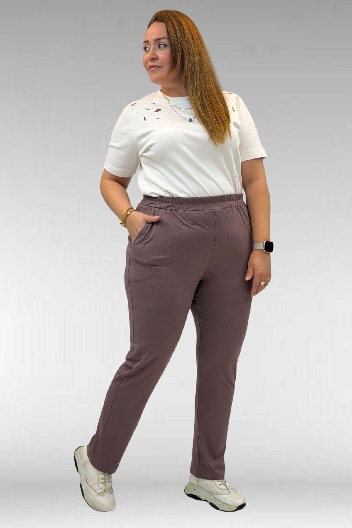 39001 Büyük Beden Yüksek Beli Lastikli Penye Pantolon - Vizon