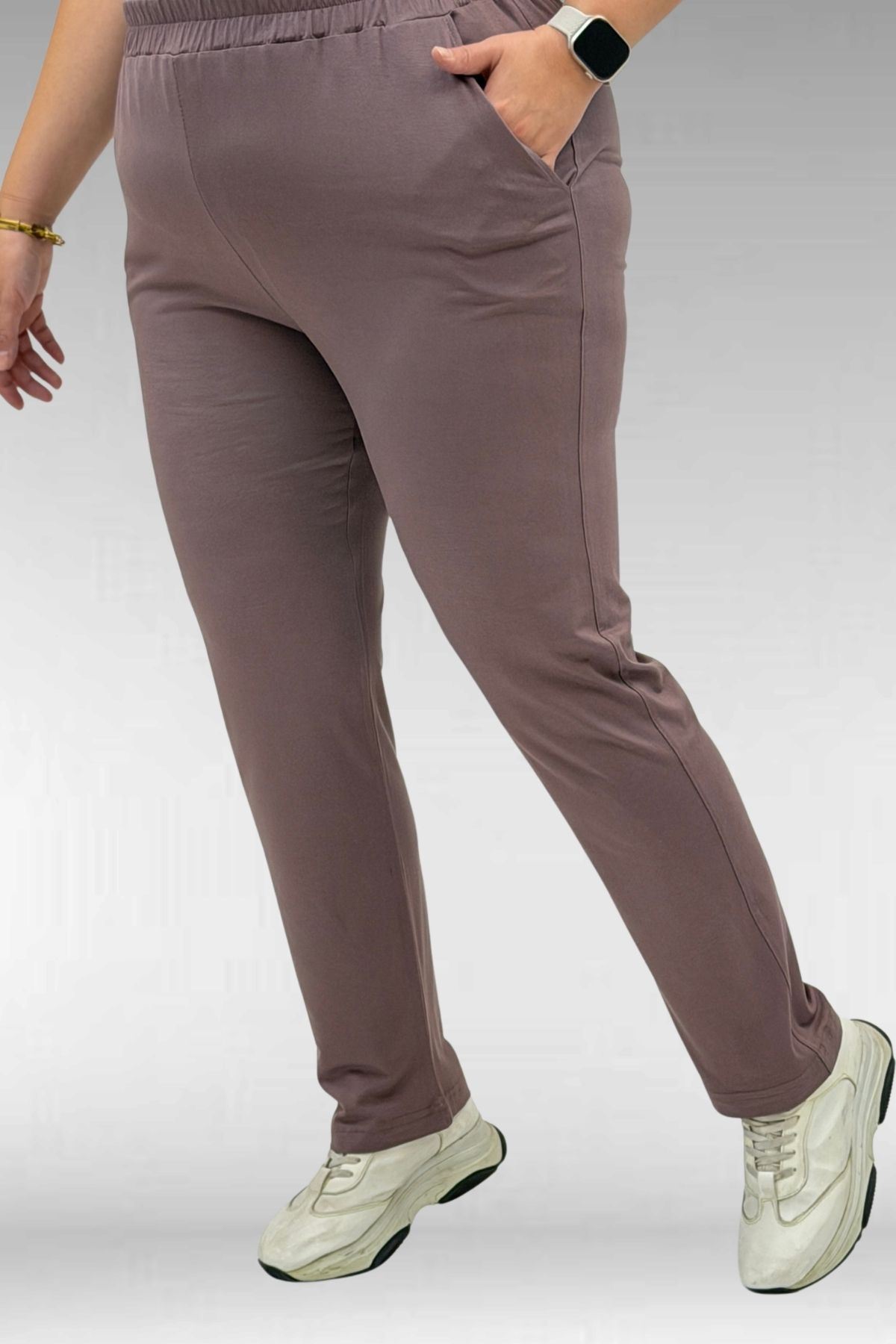 39001 Büyük Beden Yüksek Beli Lastikli Penye Pantolon - Vizon